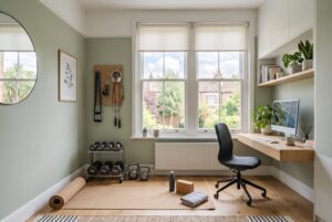 Bright spare room arranged as a home gym and workspace with fitted blinds