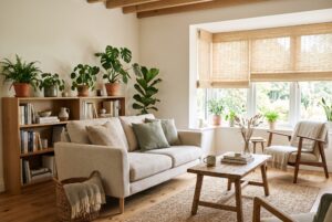 Natural room with bamboo blinds, plants and warm sustainable materials