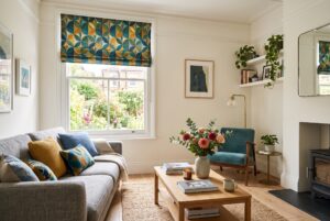 Stylish living room with a colourful blind coordinated with the decor