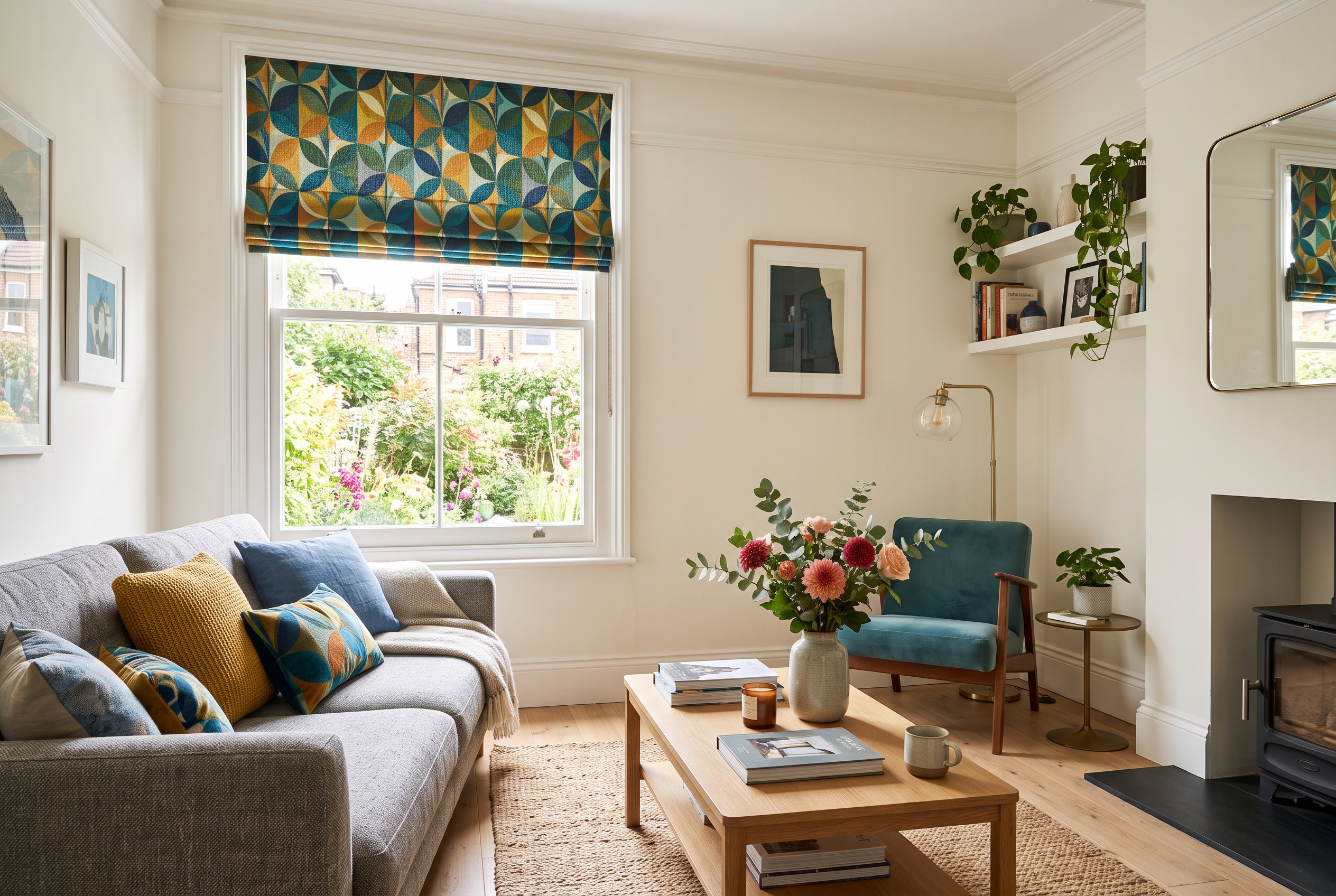 Stylish living room with a colourful blind coordinated with the decor